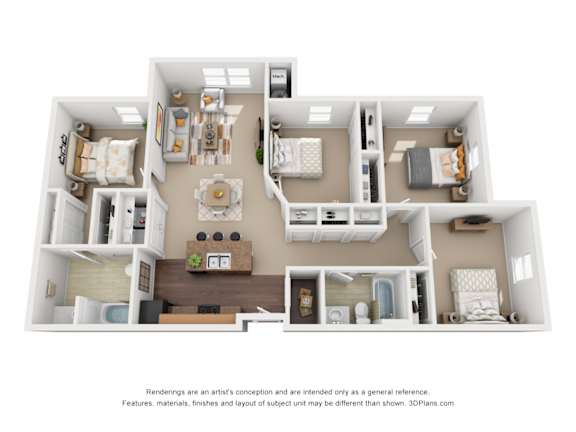 Floor Plan  A 3D floor plan of a house with a kitchen, living room, dining room, and two bedrooms.