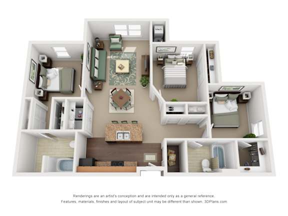 Floor Plan  A 3D floor plan of a house with a kitchen, living room, and bathrooms.