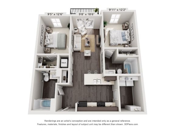 Floor Plan  a 3d floor plan of a 2100 sq ft apartment