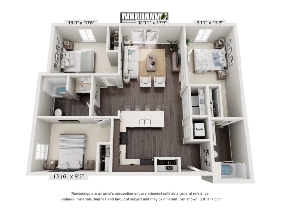 Floor Plan  a 3d floor plan of a bedroom with a bathroom