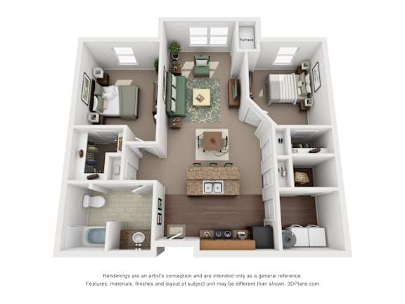 Floor Plan  A 3D floor plan of a house with a living room, kitchen, and two bedrooms.