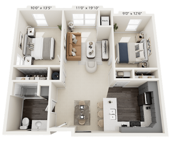 Floor Plan  A 3D floor plan of a small apartment with two bedrooms, a living room, and a kitchen.