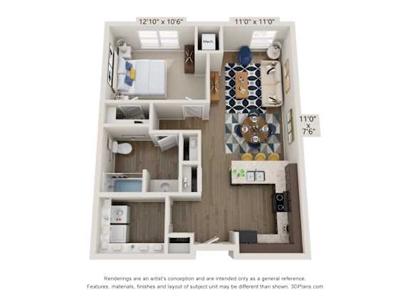 Floor Plan  A 3D floor plan of a small apartment with a kitchen, living room, and bathroom.