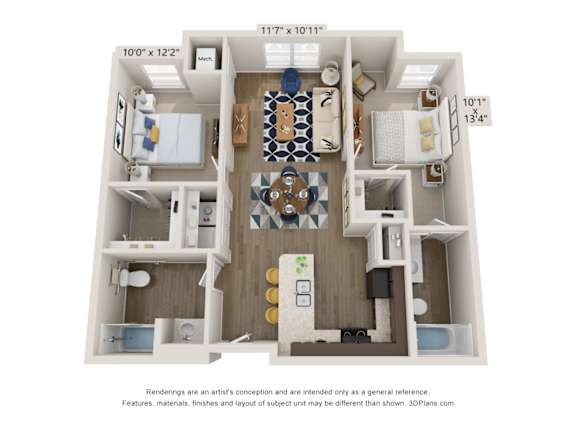Floor Plan  A 3D floor plan of a small apartment with a kitchen, living room, and two bedrooms.