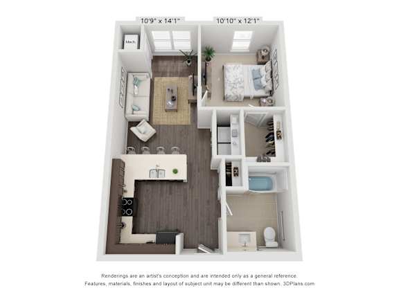 Floor Plan  A 3D floor plan of a small apartment with a kitchen, living room, and two bedrooms.
