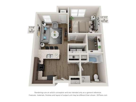 Floor Plan  A 3D floor plan of a small apartment with a kitchen, living room, and bathroom.