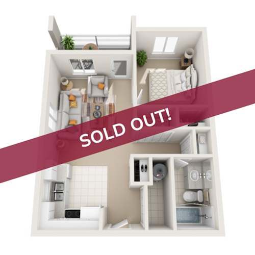 Floor Plan  A 3D floor plan of a house with a red banner across it that says "SOLD OUT!".