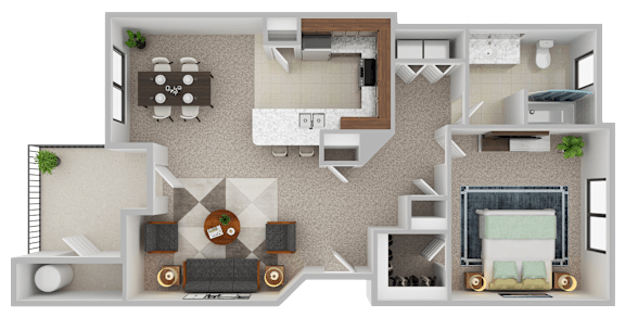Floor Plan  A 3D floor plan of a house with a living room, kitchen, and two bedrooms.