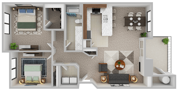 Floor Plan  A 3D rendered image of a house layout with a living room, kitchen, and two bedrooms.