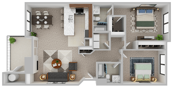 Floor Plan  A 3D rendered image of a house layout with a living room, kitchen, and bedrooms.