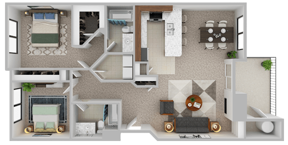 Floor Plan  A 3D floor plan of a house showing a living room, kitchen, and two bedrooms.