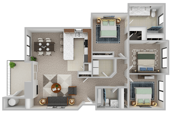 Floor Plan  A 3D floor plan of a house with multiple rooms and furniture.