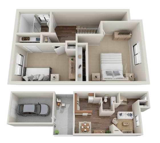 Floor Plan  a floor plan of a two bedroom townhome at Hawks Prairie in Olympia, WA.