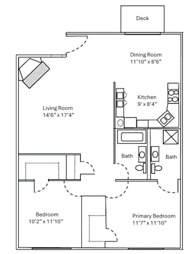 Floor Plan  A floor plan of a house with a deck, dining room, living room, kitchen, two bathrooms and two bedrooms.