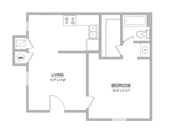 Floor Plan  A floor plan of a living room and bedroom at Callaghan Heights, San Antonio, TX, 78228