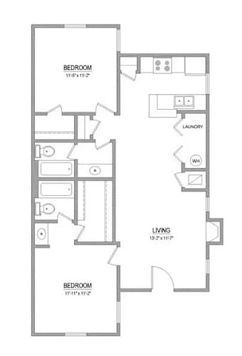 Floor Plan  A floor plan of a home with three bedrooms, a laundry room, and a living room at Callaghan Heights, San Antonio, TX, 78228