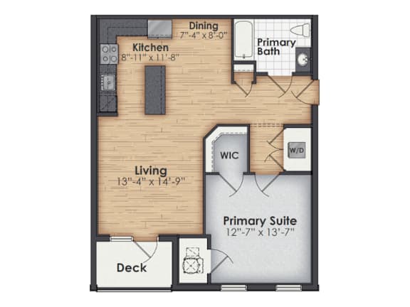 Floor Plan  A floor plan of a house with a living area, kitchen, dining area, and a primary suite.