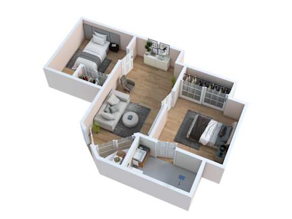 Floor Plan  A 3D floor plan of a house with two bedrooms, a living room, a kitchen, and a bathroom.