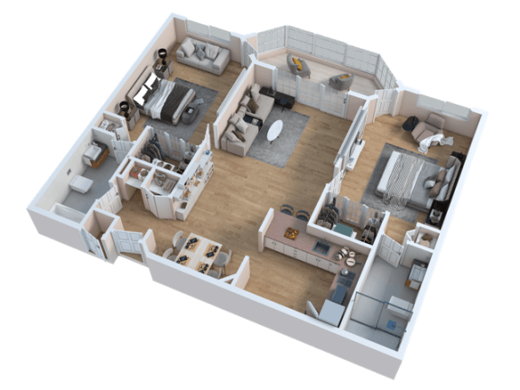 Floor Plan  3D rendering of two bedroom floor plan