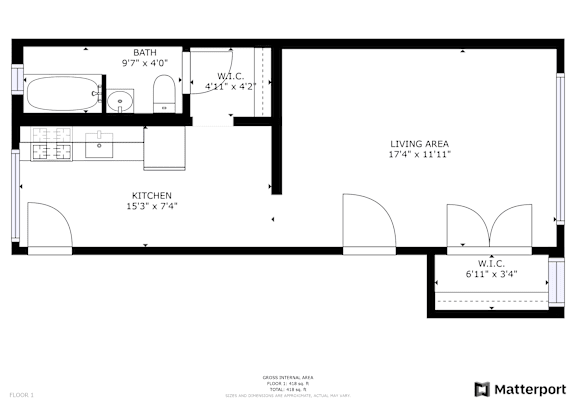 Floor Plan  A floor plan of a studio bedroom apartment with a living area, kitchen and bathroom.