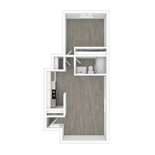 Floor Plan  A white kitchen with a grey backdrop.