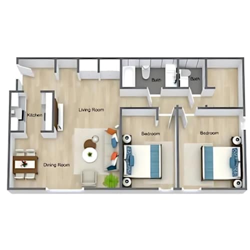 Floor Plan  A floor plan of a house with two bedrooms, a living room, a kitchen, and a dining room.
