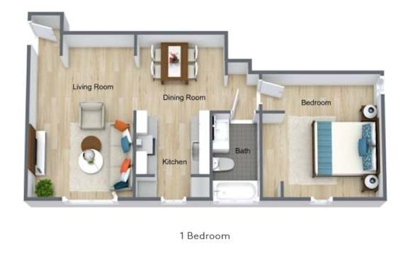 Floor Plan  A floor plan of a one bedroom apartment.