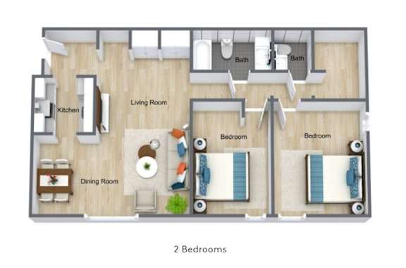 Floor Plan  A floor plan of a house with two bedrooms, a living room, a kitchen, and a dining room.