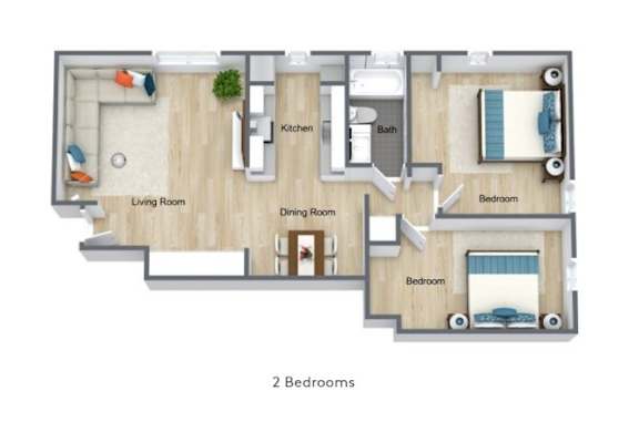 Floor Plan  A diagram of a house layout with two bedrooms, a living room, a dining room, a kitchen, and a bathroom.