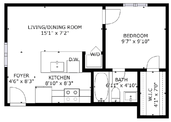 Floor Plan  1 bed 1 bath floor plan L at The Eastern Apartments, Texas