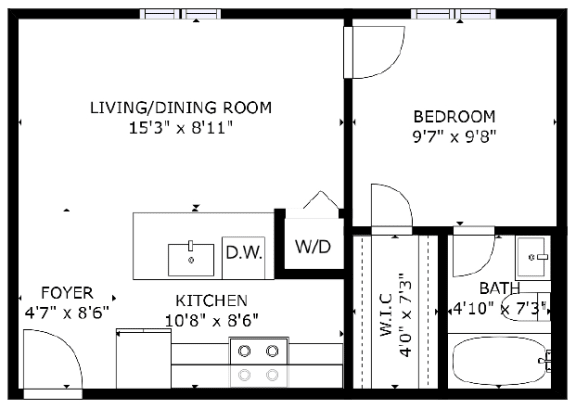 Floor Plan  1 bed 1 bath floor plan M at The Eastern Apartments, Dallas, TX, 75204