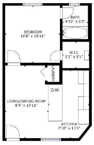 Floor Plan  1 bed 1 bath floor plan O at The Eastern Apartments, Dallas