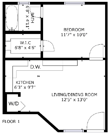 Floor Plan  1 bed 1 bath floor plan P at The Eastern Apartments, Dallas, Texas