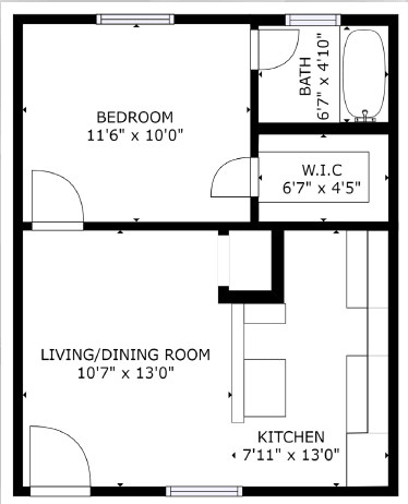 Floor Plan  1 bed 1 bath floor plan Q at The Eastern Apartments, Texas