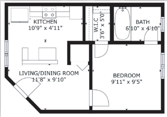 Floor Plan  1 bed 1 bath floor plan D at The Eastern Apartments, Texas, 75204