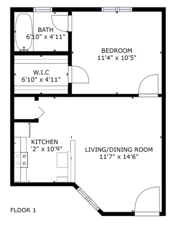 Floor Plan  1 bed 1 bath floor plan H at The Eastern Apartments, Dallas, TX, 75204