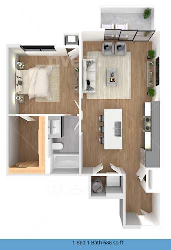 Floor Plan  a 3d drawing of a bedroom with a bathroom and a living room