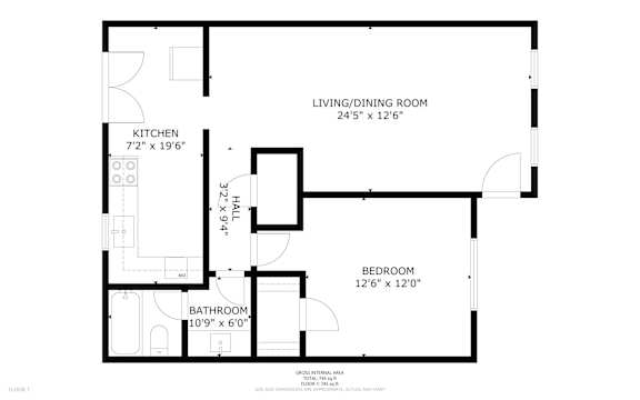 Floor Plan  A black and white image of a floor plan for a small apartment.