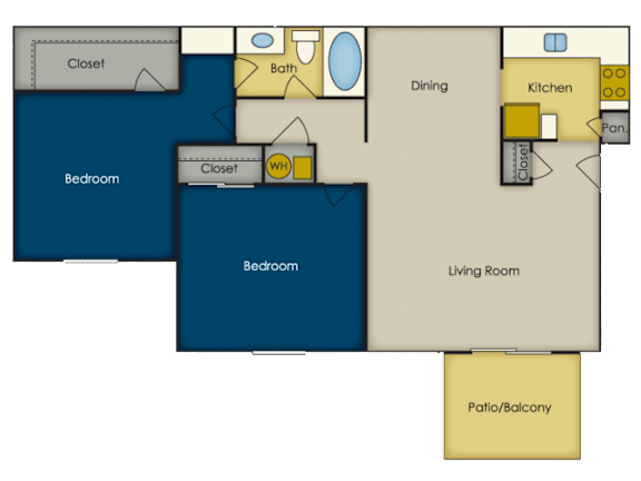 Floor Plan  A floor plan of a living space with two bedrooms, a kitchen, a dining area, and a bathroom.