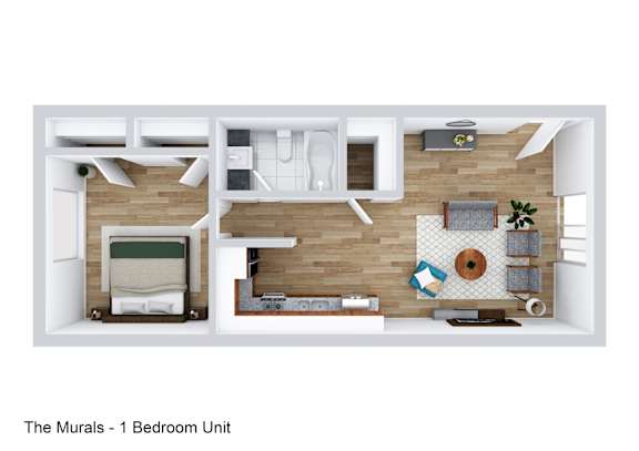 Floor Plan  A bedroom unit with a bed, desk, and chair.