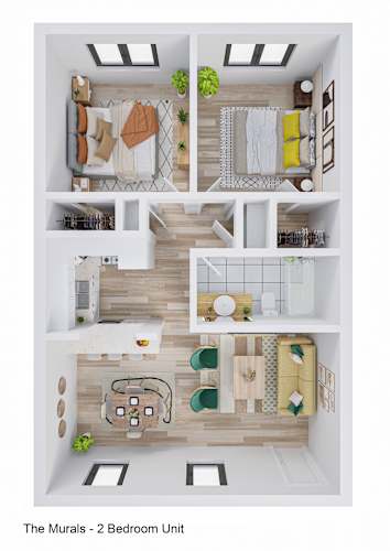 Floor Plan  A top-down view of a bedroom unit with a bed, desk, and chair.