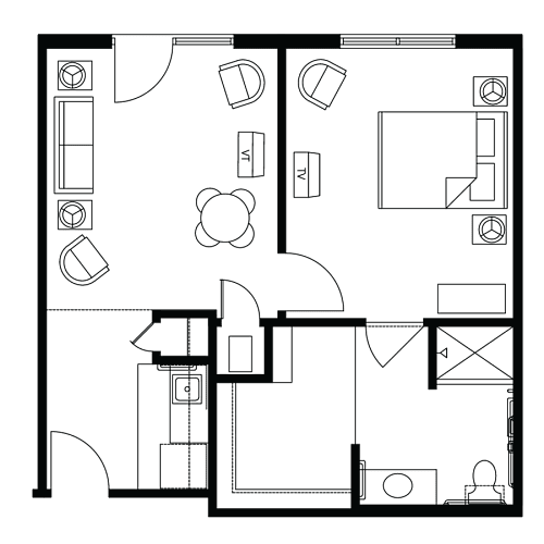 Floor Plan  A floor plan of a house with a kitchen, living room, and two bedrooms.
