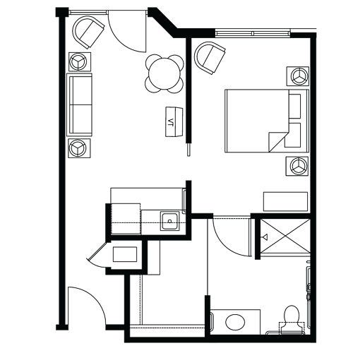 Floor Plan  A black and white image of a floor plan with various rooms and furniture.
