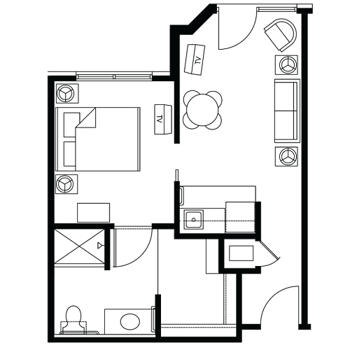 Floor Plan  A black and white floor plan of a house with a kitchen, living room, and bathroom.
