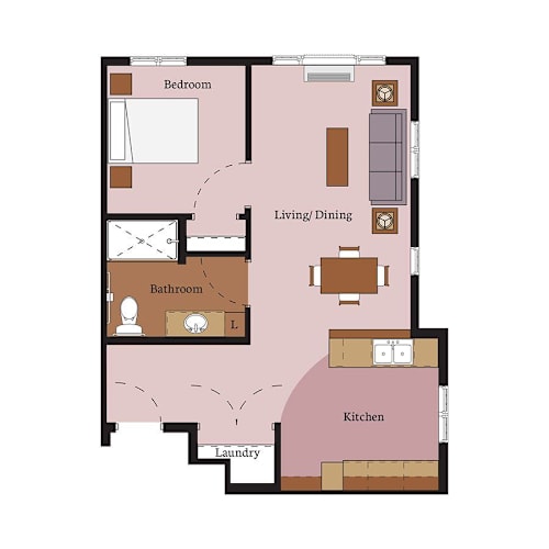 Floor Plan  A floor plan of a house with a bedroom, living/dining area, kitchen, bathroom, and laundry room.