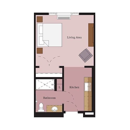 Floor Plan  A floor plan of a small apartment with a living area, kitchen, and bathroom.
