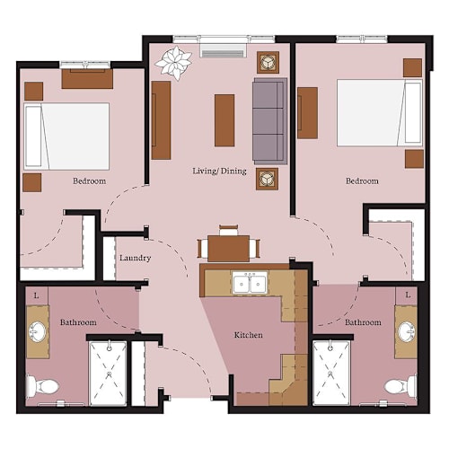 Floor Plan  A floor plan of a house with a living/dining area, two bedrooms, two bathrooms, a kitchen, and a laundry room.