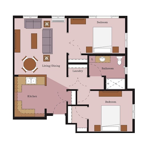 Floor Plan  A floor plan of a house with a living room, kitchen, and two bedrooms.