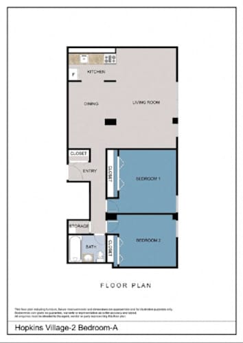 Floor Plan  A floor plan of a Hopkins Village-2 Bedroom-A apartment.