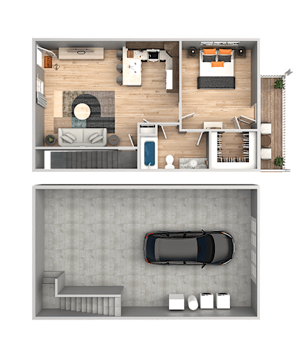 Floor Plan  A top and bottom floor plan of a house with a car parked in the garage.
